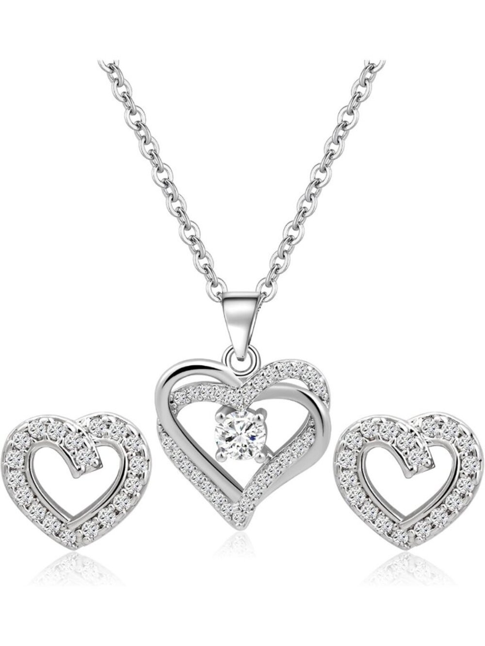 Elegant Silver Heart Jewelry Set with CZ Pendant & Adjustable Necklace for Women
